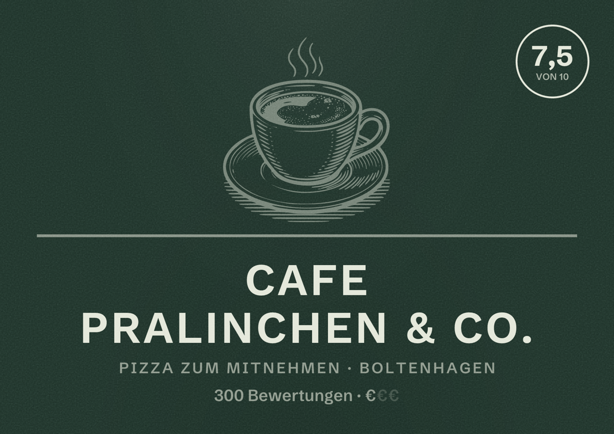 Illustriertes Poster von cafe pralinchen & co., Pizza zum Mitnehmen in Boltenhagen: Bewertung 7,5 von 10 aus 300 Bewertungen, Preisniveau €