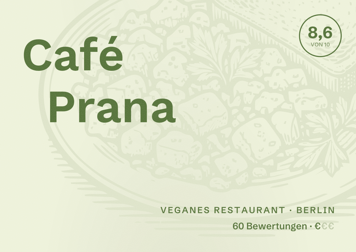 Illustriertes Poster von Café Prana, Veganes Restaurant in Berlin: Bewertung 8,6 von 10 aus 60 Bewertungen, Preisniveau €