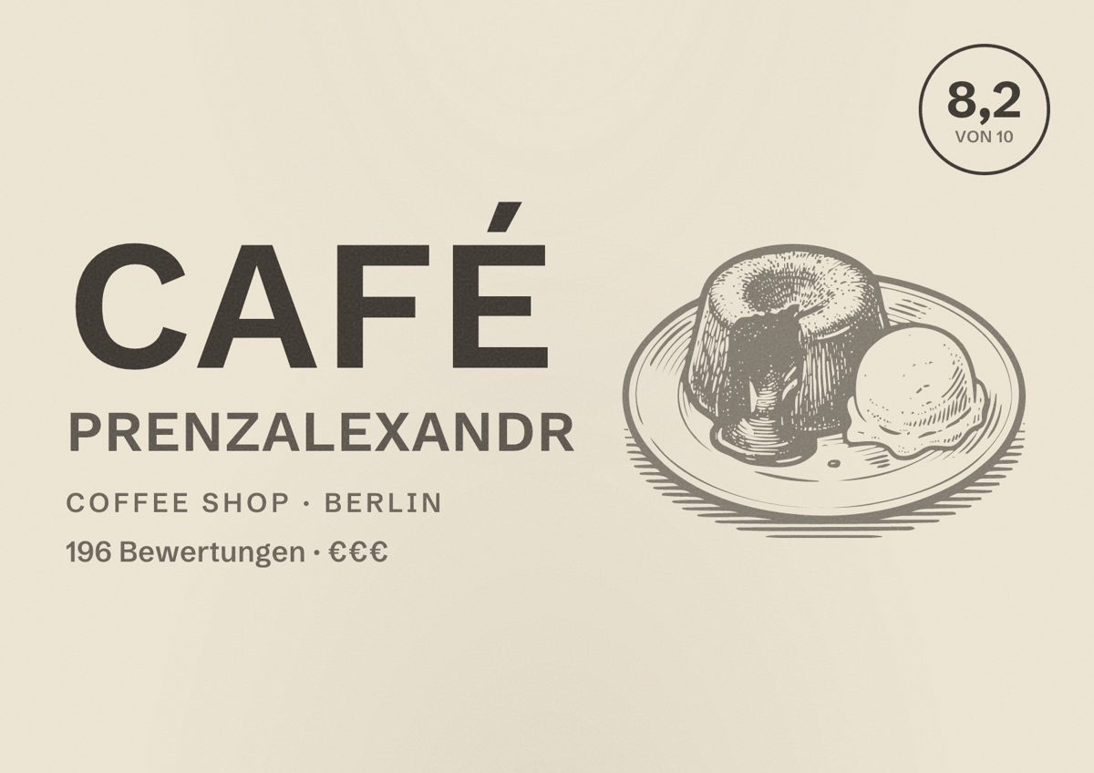 Illustriertes Poster von Café Prenzalexandr, Coffee Shop in Berlin: Bewertung 8,2 von 10 aus 196 Bewertungen, Preisniveau €€€