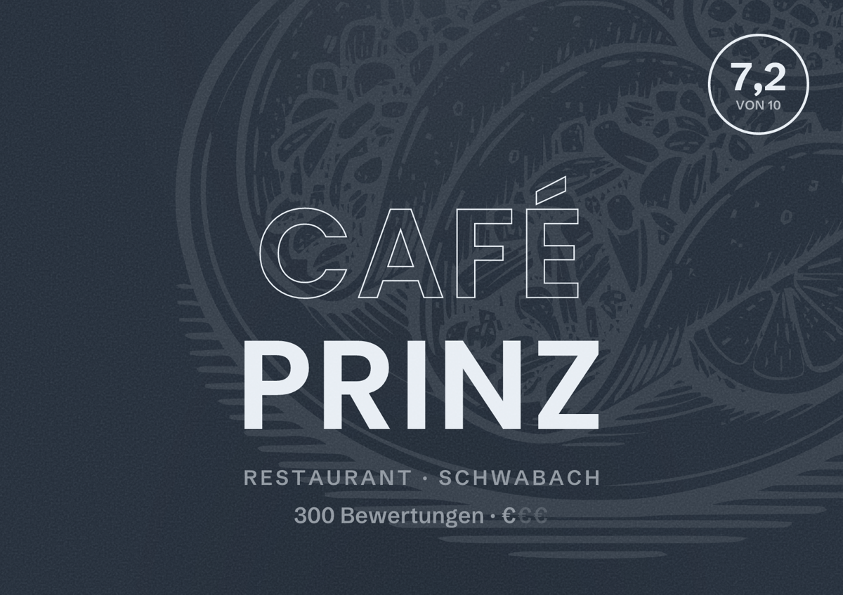 Illustriertes Poster von Café Prinz, Restaurant in Schwabach: Bewertung 7,2 von 10 aus 300 Bewertungen, Preisniveau €