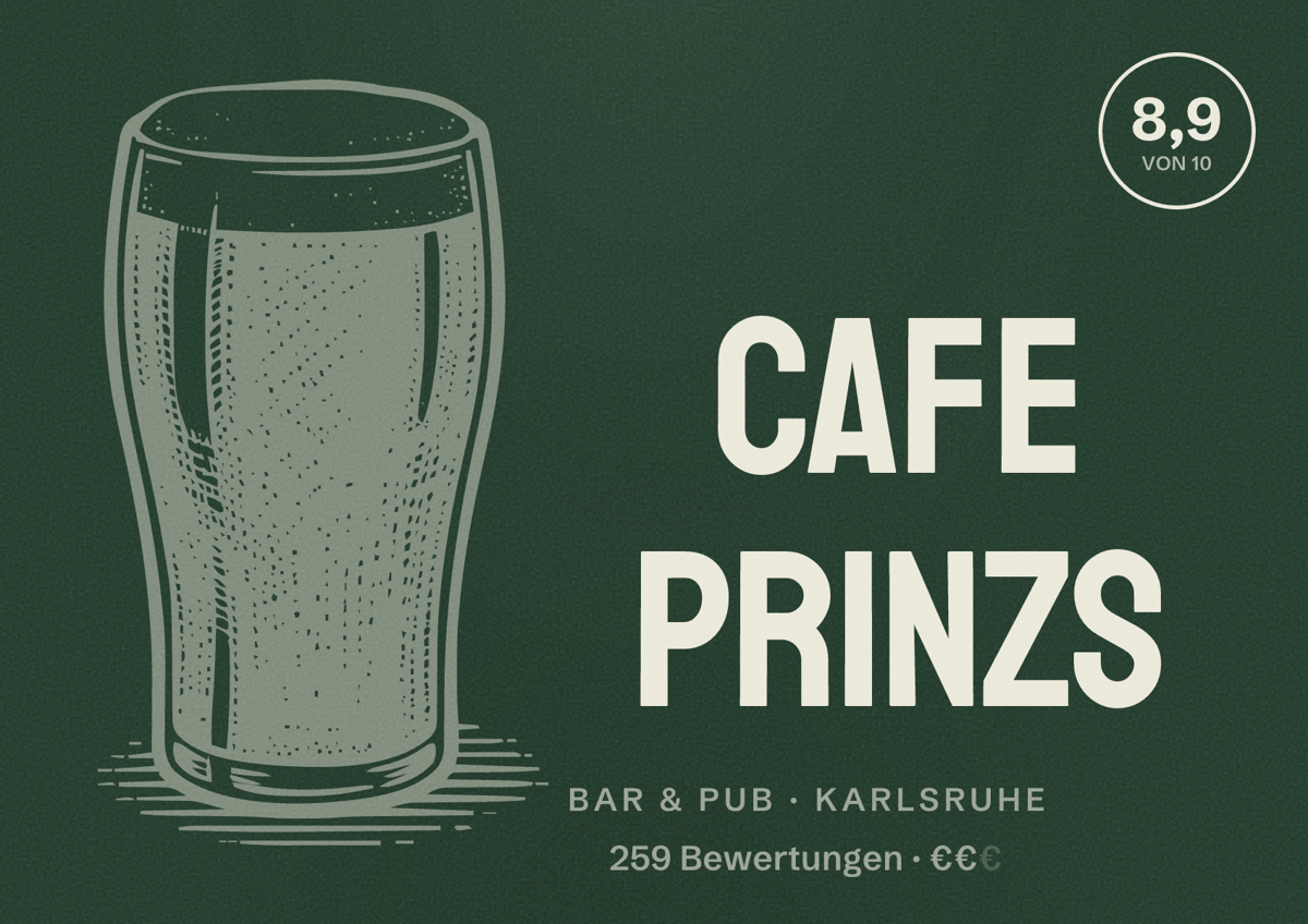 Illustriertes Poster von Cafe PRINZs, Bar & Pub in Karlsruhe: Bewertung 8,9 von 10 aus 259 Bewertungen, Preisniveau €€
