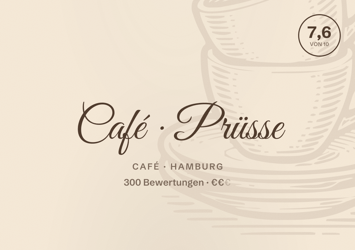 Illustriertes Poster von Café Prüsse, Café in Hamburg: Bewertung 7,6 von 10 aus 300 Bewertungen, Preisniveau €€