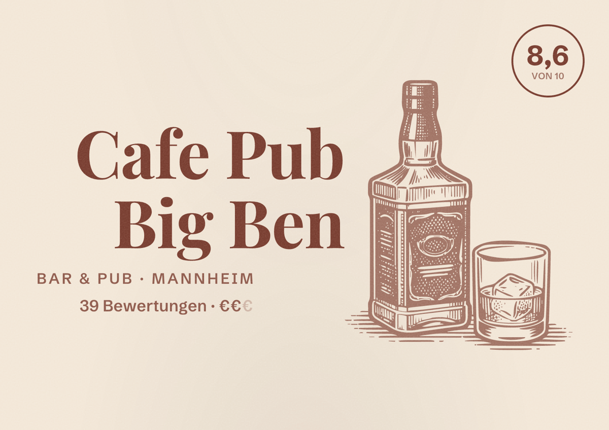 Illustriertes Poster von Cafe Pub Big Ben, Bar & Pub in Mannheim: Bewertung 8,6 von 10 aus 39 Bewertungen, Preisniveau €€