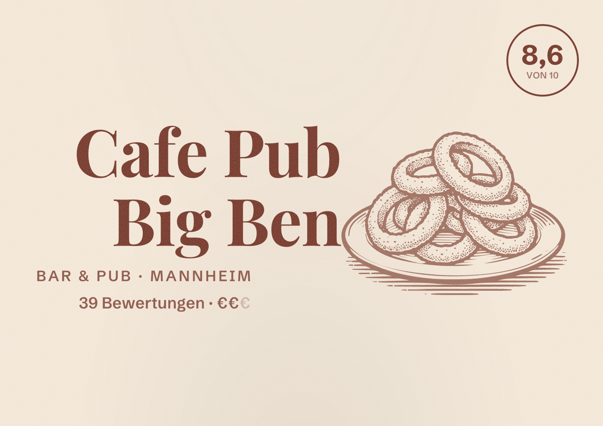 Illustriertes Poster von Cafe Pub Big Ben, Bar & Pub in Mannheim: Bewertung 8,6 von 10 aus 39 Bewertungen, Preisniveau €€