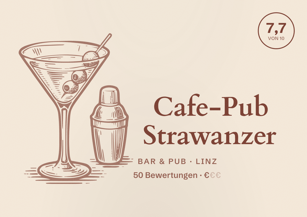 Illustriertes Poster von Cafe-Pub Strawanzer, Bar & Pub in Linz: Bewertung 7,7 von 10 aus 50 Bewertungen, Preisniveau €
