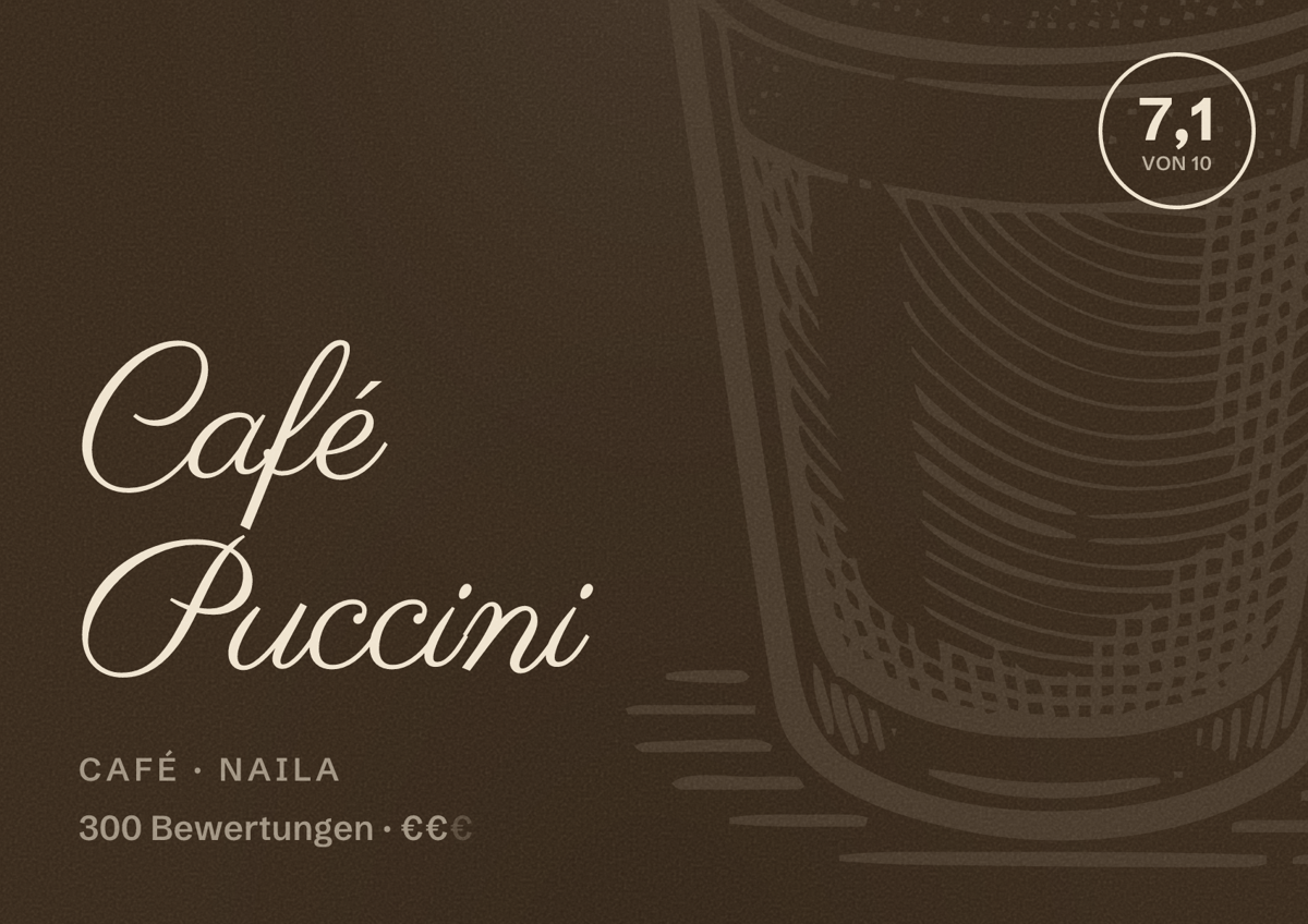 Illustriertes Poster von Café Puccini, Café in Naila: Bewertung 7,1 von 10 aus 300 Bewertungen, Preisniveau €€
