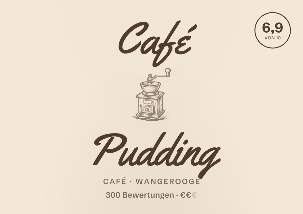 Illustriertes Poster von Café Pudding, Café in Wangerooge: Bewertung 6,9 von 10 aus 300 Bewertungen, Preisniveau €€