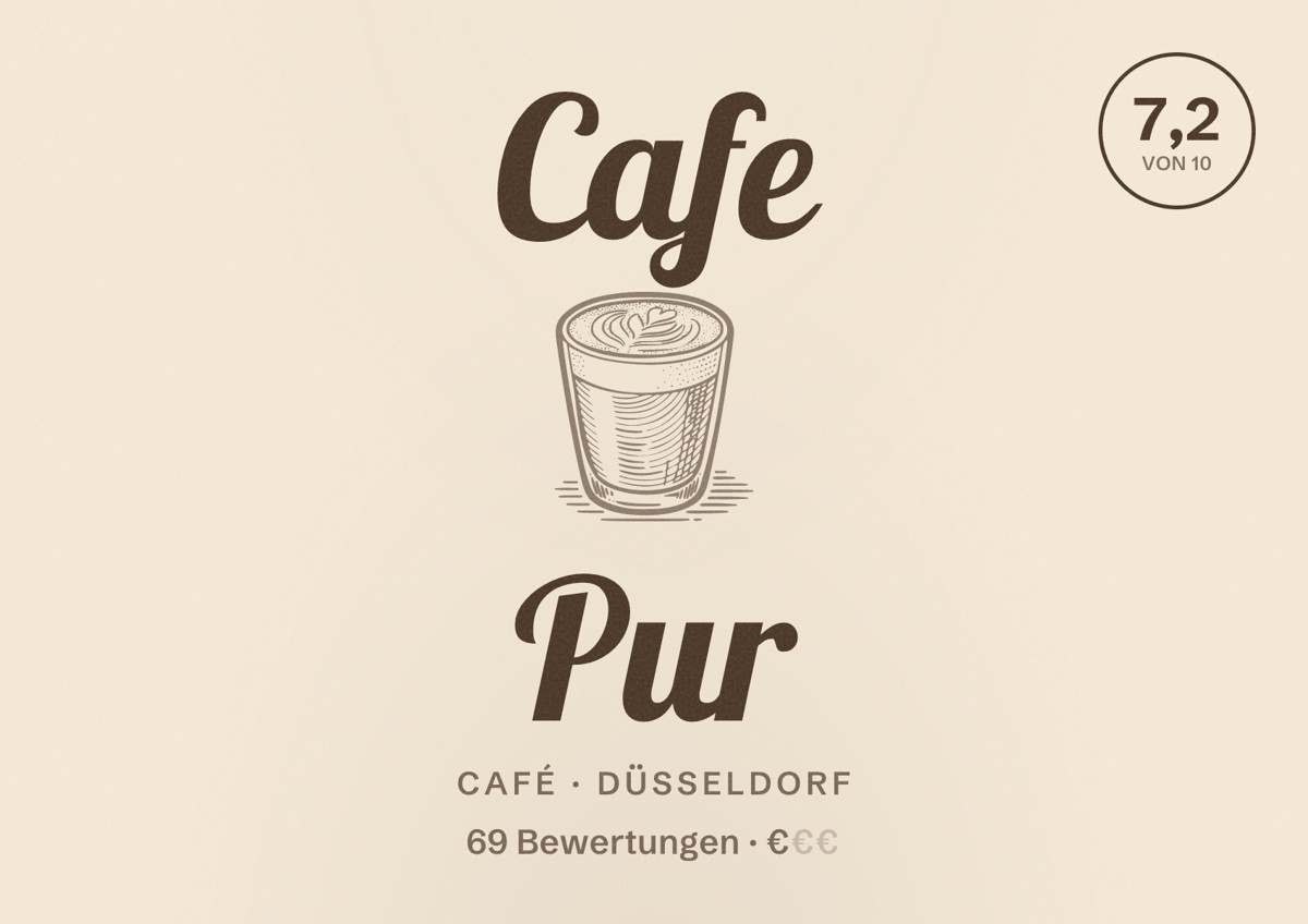 Illustriertes Poster von Cafe Pur, Café in Düsseldorf: Bewertung 7,2 von 10 aus 69 Bewertungen, Preisniveau €