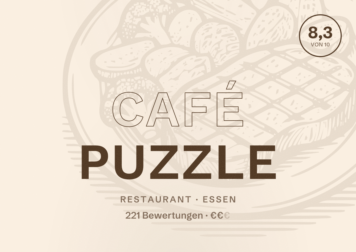 Illustriertes Poster von Café Puzzle, Restaurant in Essen: Bewertung 8,3 von 10 aus 221 Bewertungen, Preisniveau €€