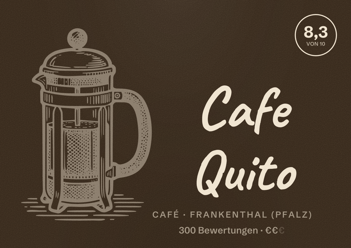 Illustriertes Poster von Cafe Quito, Café in Frankenthal (Pfalz): Bewertung 8,3 von 10 aus 300 Bewertungen, Preisniveau €€