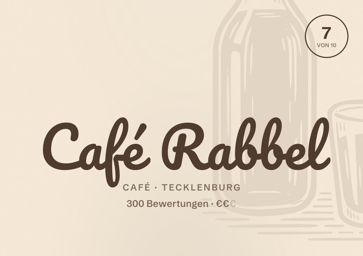 Illustriertes Poster von Café Rabbel, Café in Tecklenburg: Bewertung 7 von 10 aus 300 Bewertungen, Preisniveau €€