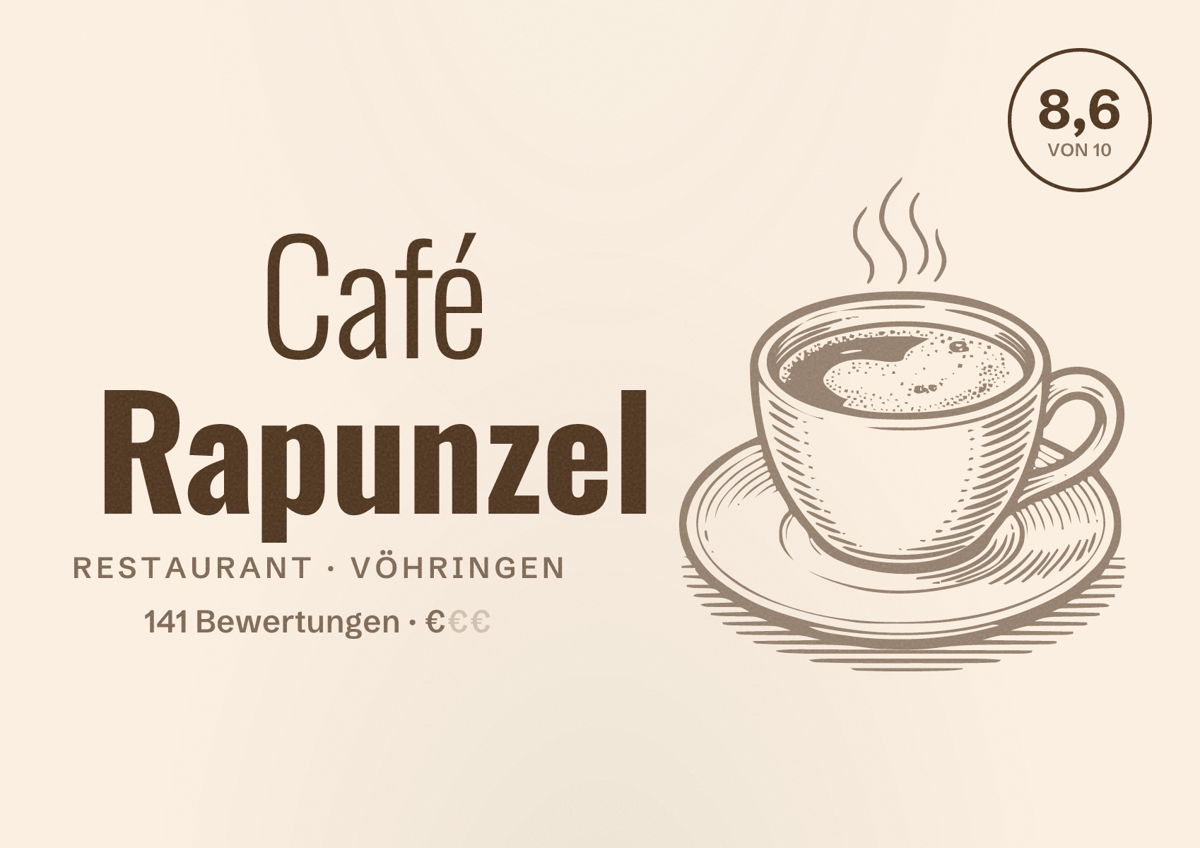 Illustriertes Poster von Café Rapunzel, Restaurant in Vöhringen: Bewertung 8,6 von 10 aus 141 Bewertungen, Preisniveau €