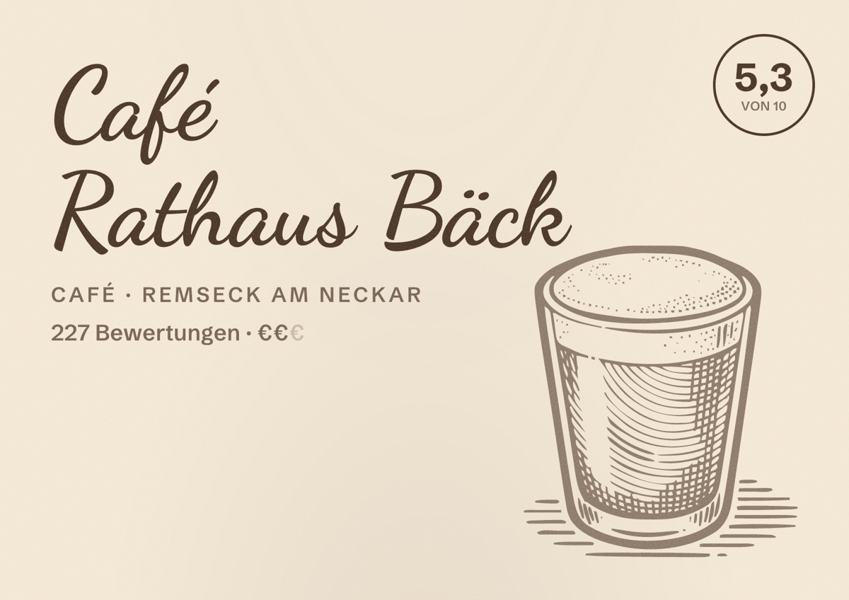 Illustriertes Poster von Café Rathaus Bäck, Café in Remseck am Neckar: Bewertung 5,3 von 10 aus 227 Bewertungen, Preisniveau €€