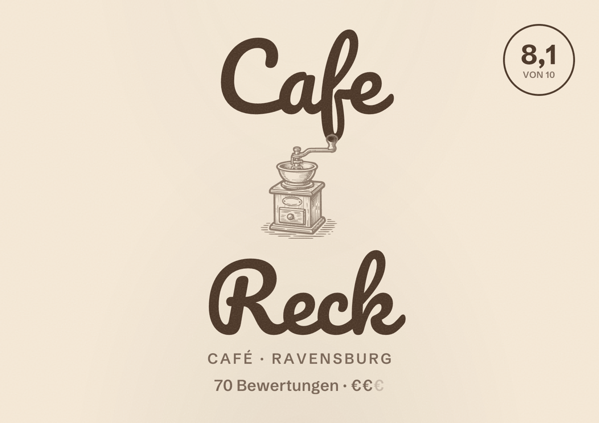Illustriertes Poster von Cafe Reck, Café in Ravensburg: Bewertung 8,1 von 10 aus 70 Bewertungen, Preisniveau €€
