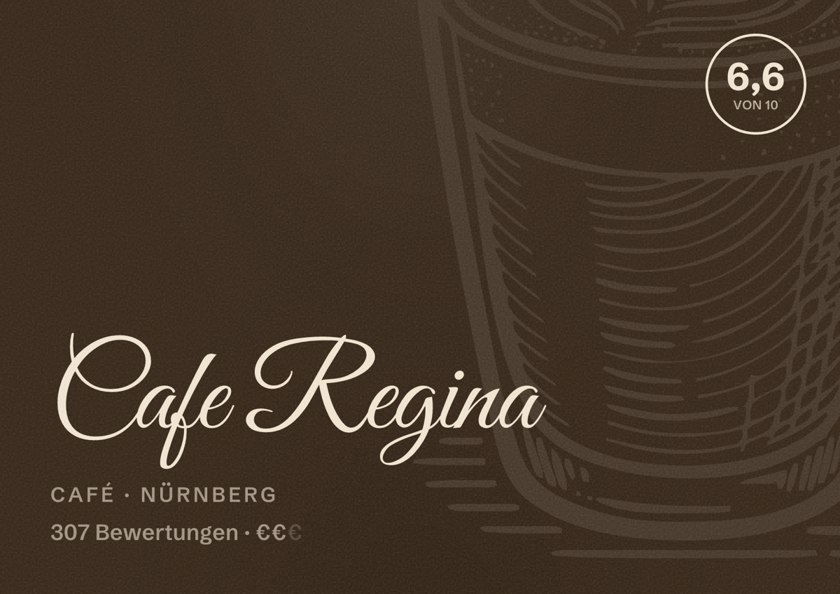 Illustriertes Poster von Cafe Regina, Café in Nürnberg: Bewertung 6,6 von 10 aus 307 Bewertungen, Preisniveau €€