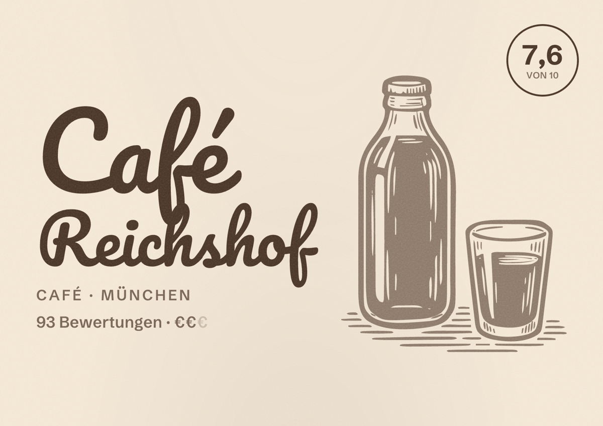 Illustriertes Poster von Café Reichshof, Café in München: Bewertung 7,6 von 10 aus 93 Bewertungen, Preisniveau €€