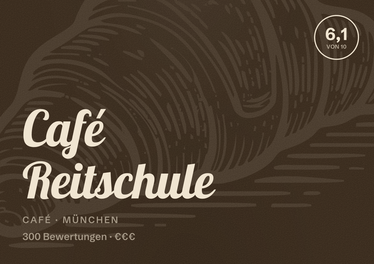 Illustriertes Poster von Café Reitschule, Café in München: Bewertung 6,1 von 10 aus 300 Bewertungen, Preisniveau €€€