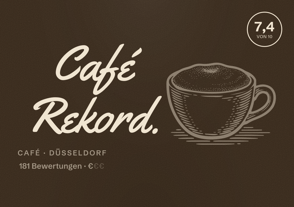 Illustriertes Poster von Café Rekord., Café in Düsseldorf: Bewertung 7,4 von 10 aus 181 Bewertungen, Preisniveau €