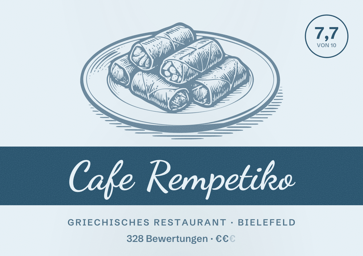 Illustriertes Poster von Cafe Rempetiko, Griechisches Restaurant in Bielefeld: Bewertung 7,7 von 10 aus 328 Bewertungen, Preisniveau €€