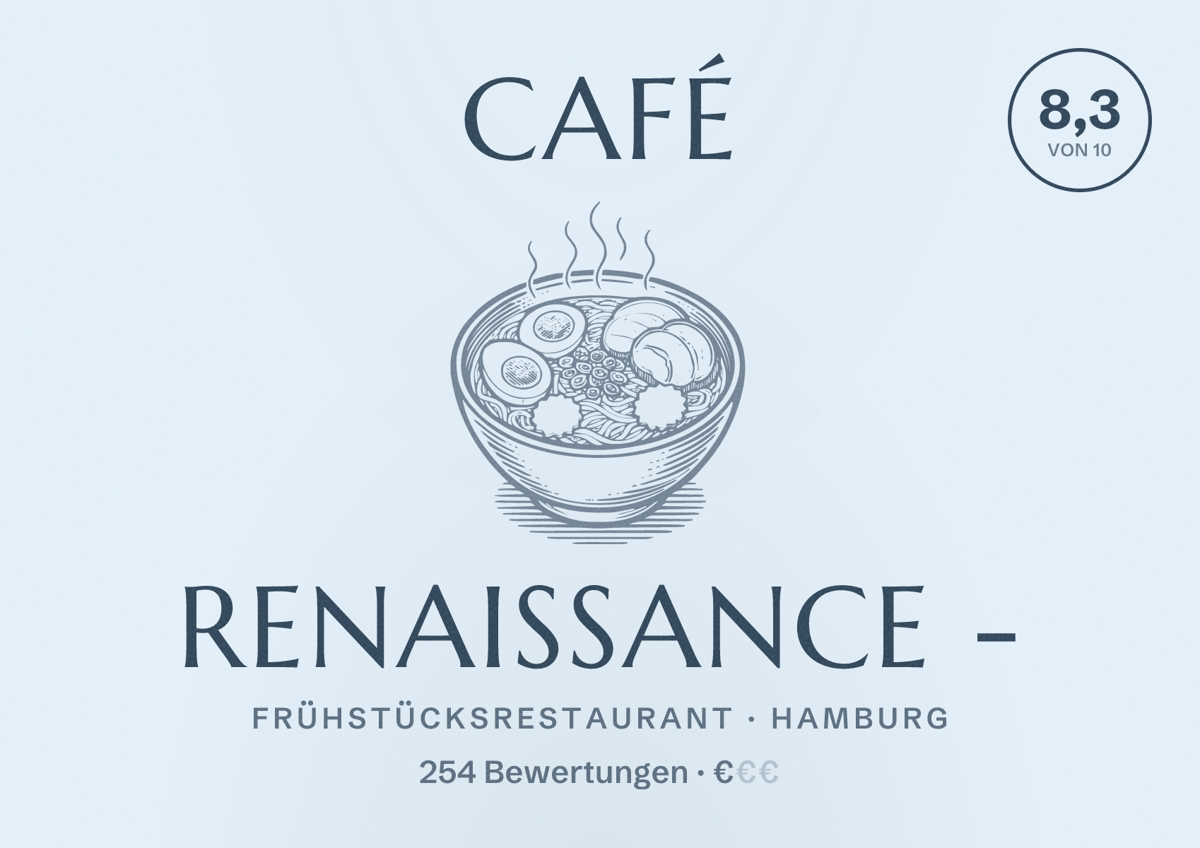 Illustriertes Poster von Café RENAISSANCE -, Frühstücksrestaurant in Hamburg: Bewertung 8,3 von 10 aus 254 Bewertungen, Preisniveau €