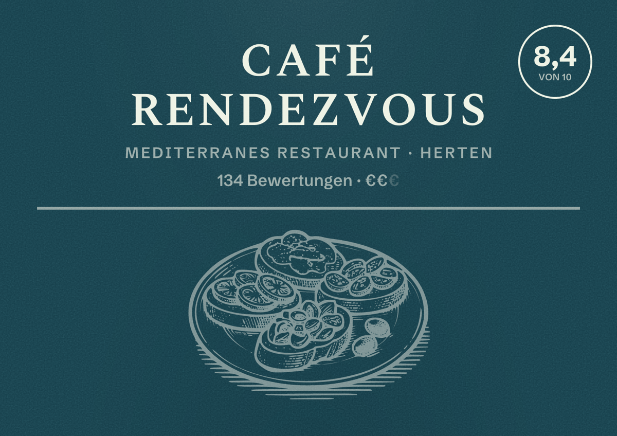 Illustriertes Poster von Café Rendezvous, Mediterranes Restaurant in Herten: Bewertung 8,4 von 10 aus 134 Bewertungen, Preisniveau €€