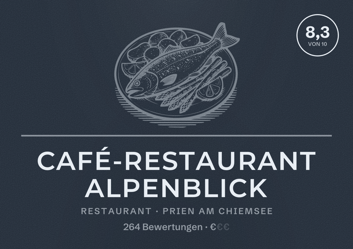 Illustriertes Poster von Café-Restaurant Alpenblick, Restaurant in Prien am Chiemsee: Bewertung 8,3 von 10 aus 264 Bewertungen, Preisniveau €