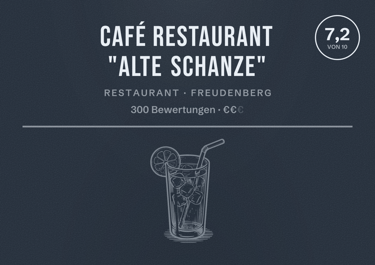 Illustriertes Poster von Café Restaurant "Alte Schanze", Restaurant in Freudenberg: Bewertung 7,2 von 10 aus 300 Bewertungen, Preisniveau €€