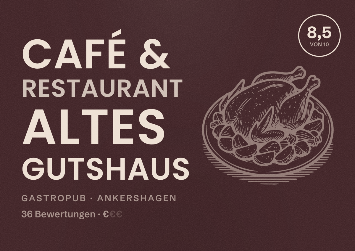 Illustriertes Poster von Café & Restaurant Altes Gutshaus, Gastropub in Ankershagen: Bewertung 8,5 von 10 aus 36 Bewertungen, Preisniveau €