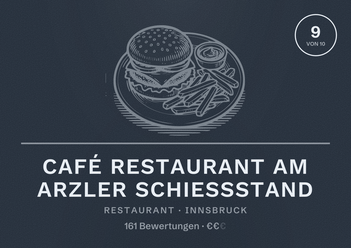 Illustriertes Poster von Café Restaurant am Arzler Schiessstand, Restaurant in Innsbruck: Bewertung 9 von 10 aus 161 Bewertungen, Preisniveau €€