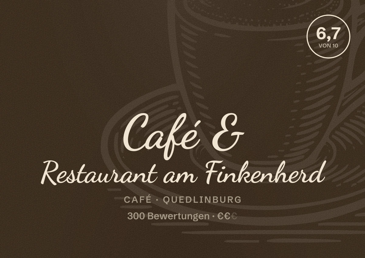 Illustriertes Poster von Café & Restaurant am Finkenherd, Café in Quedlinburg: Bewertung 6,7 von 10 aus 300 Bewertungen, Preisniveau €€