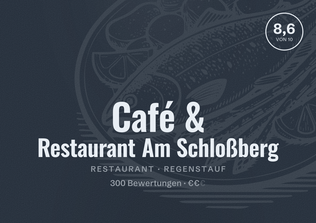 Illustriertes Poster von Café & Restaurant Am Schloßberg, Restaurant in Regenstauf: Bewertung 8,6 von 10 aus 300 Bewertungen, Preisniveau €€