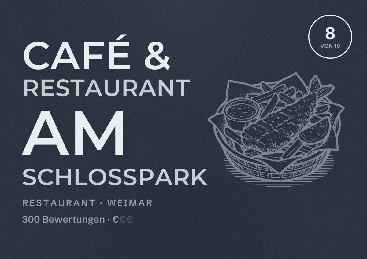 Illustriertes Poster von Café & Restaurant Am Schloßpark, Restaurant in Weimar: Bewertung 8 von 10 aus 300 Bewertungen, Preisniveau €
