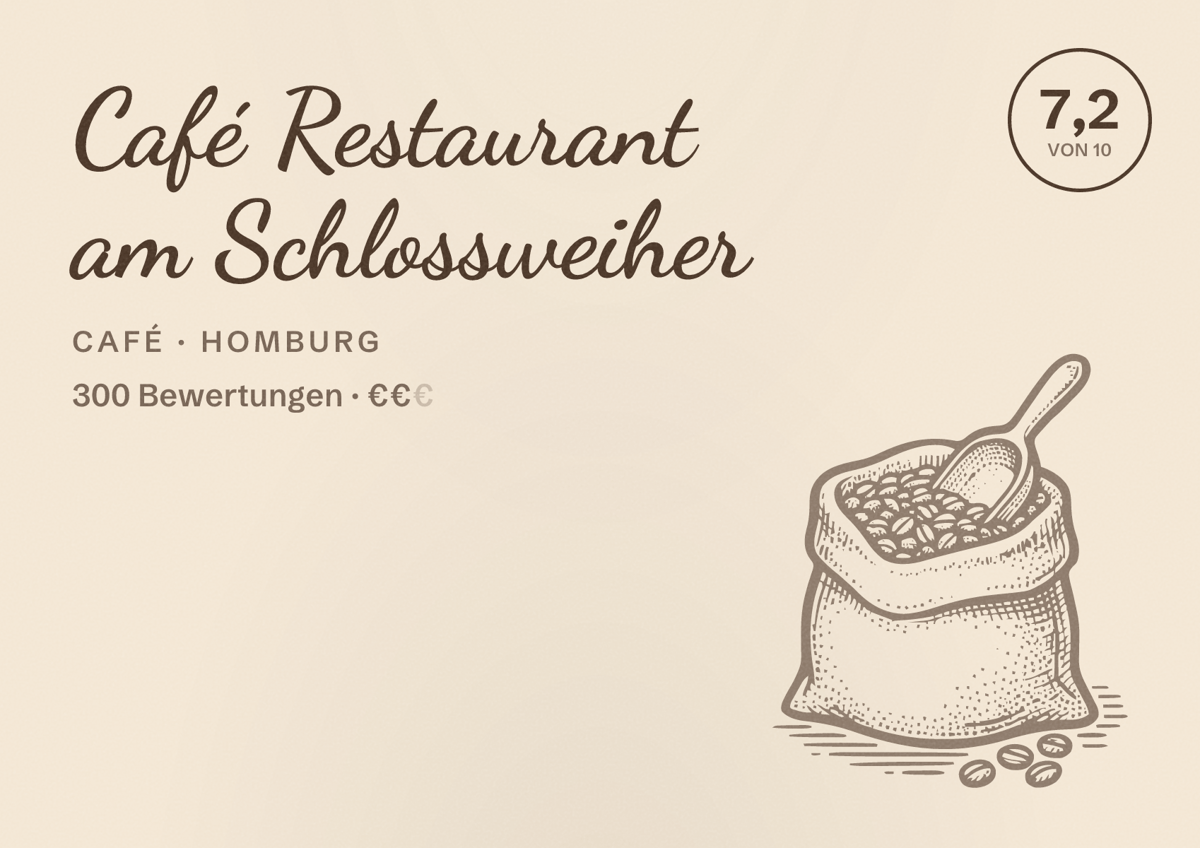 Illustriertes Poster von Café Restaurant am Schlossweiher, Café in Homburg: Bewertung 7,2 von 10 aus 300 Bewertungen, Preisniveau €€