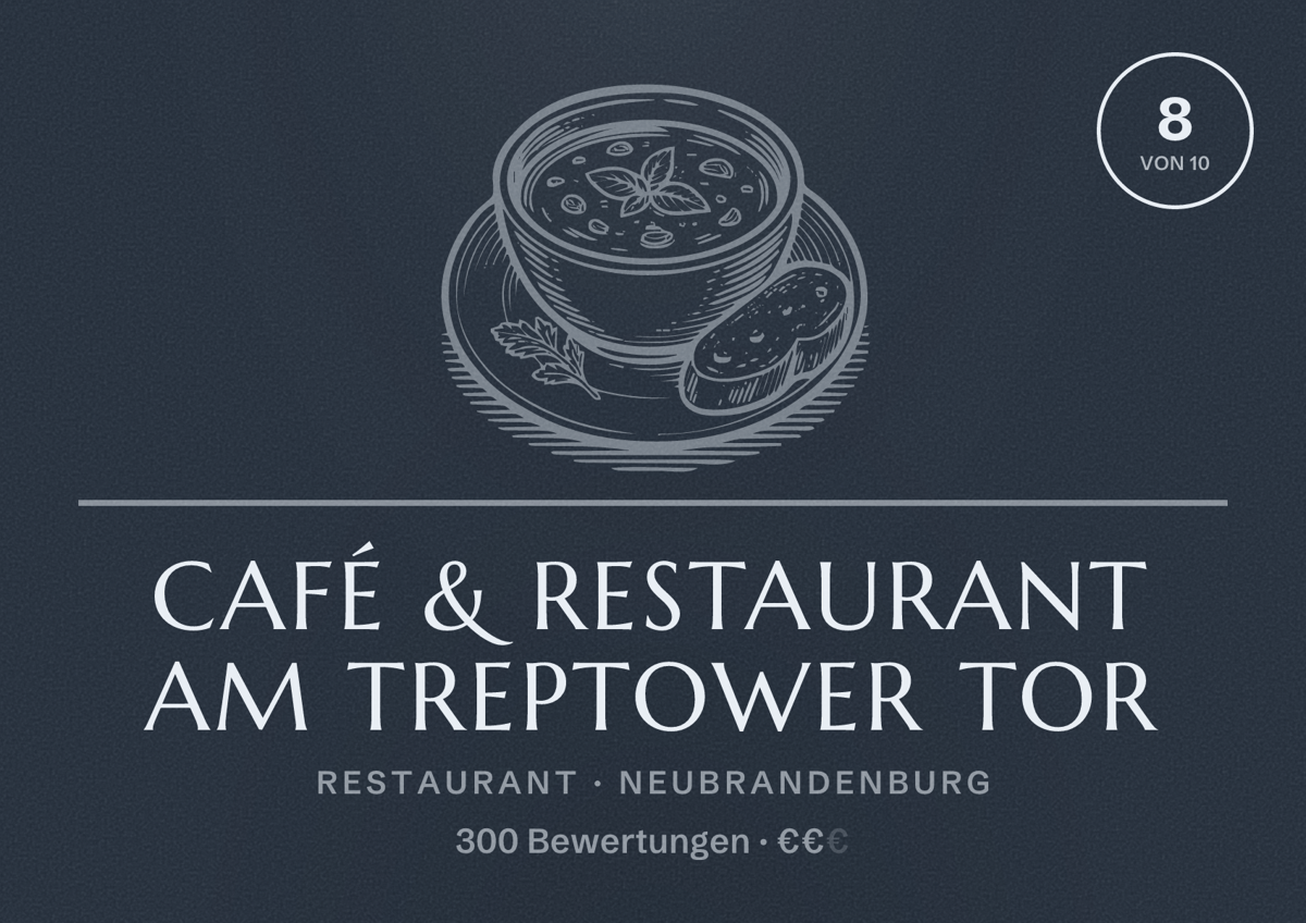 Illustriertes Poster von Café & Restaurant Am Treptower Tor, Restaurant in Neubrandenburg: Bewertung 8 von 10 aus 300 Bewertungen, Preisniveau €€