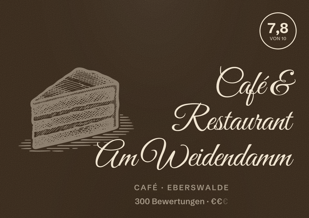 Illustriertes Poster von Café & Restaurant Am Weidendamm, Café in Eberswalde: Bewertung 7,8 von 10 aus 300 Bewertungen, Preisniveau €€