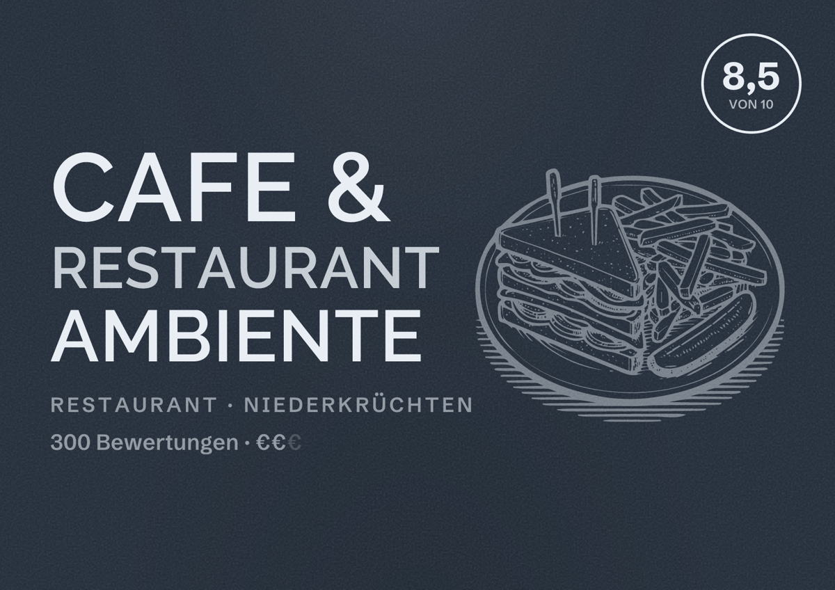 Illustriertes Poster von Cafe & Restaurant Ambiente, Restaurant in Niederkrüchten: Bewertung 8,5 von 10 aus 300 Bewertungen, Preisniveau €€