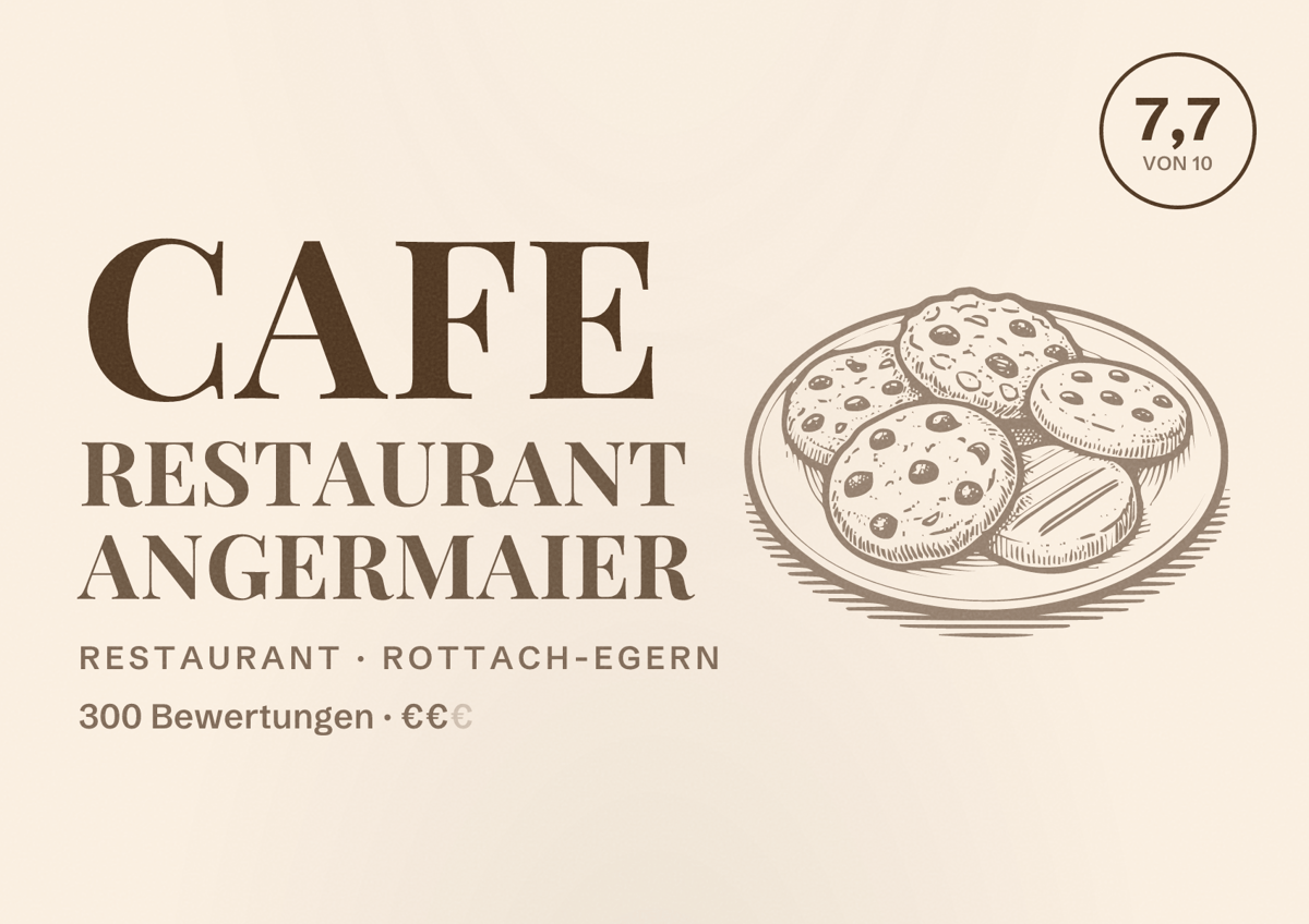 Illustriertes Poster von Cafe Restaurant Angermaier, Restaurant in Rottach-Egern: Bewertung 7,7 von 10 aus 300 Bewertungen, Preisniveau €€