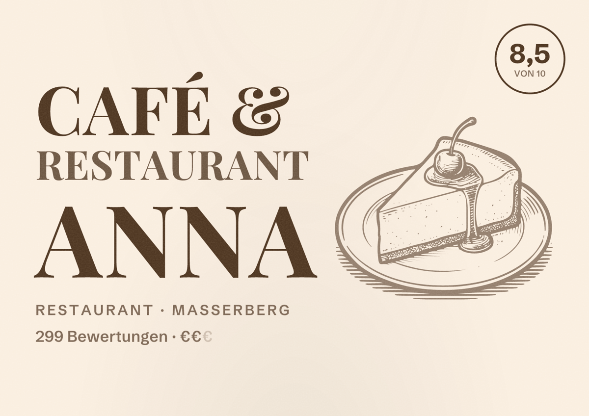 Illustriertes Poster von Café & Restaurant Anna, Restaurant in Masserberg: Bewertung 8,5 von 10 aus 299 Bewertungen, Preisniveau €€