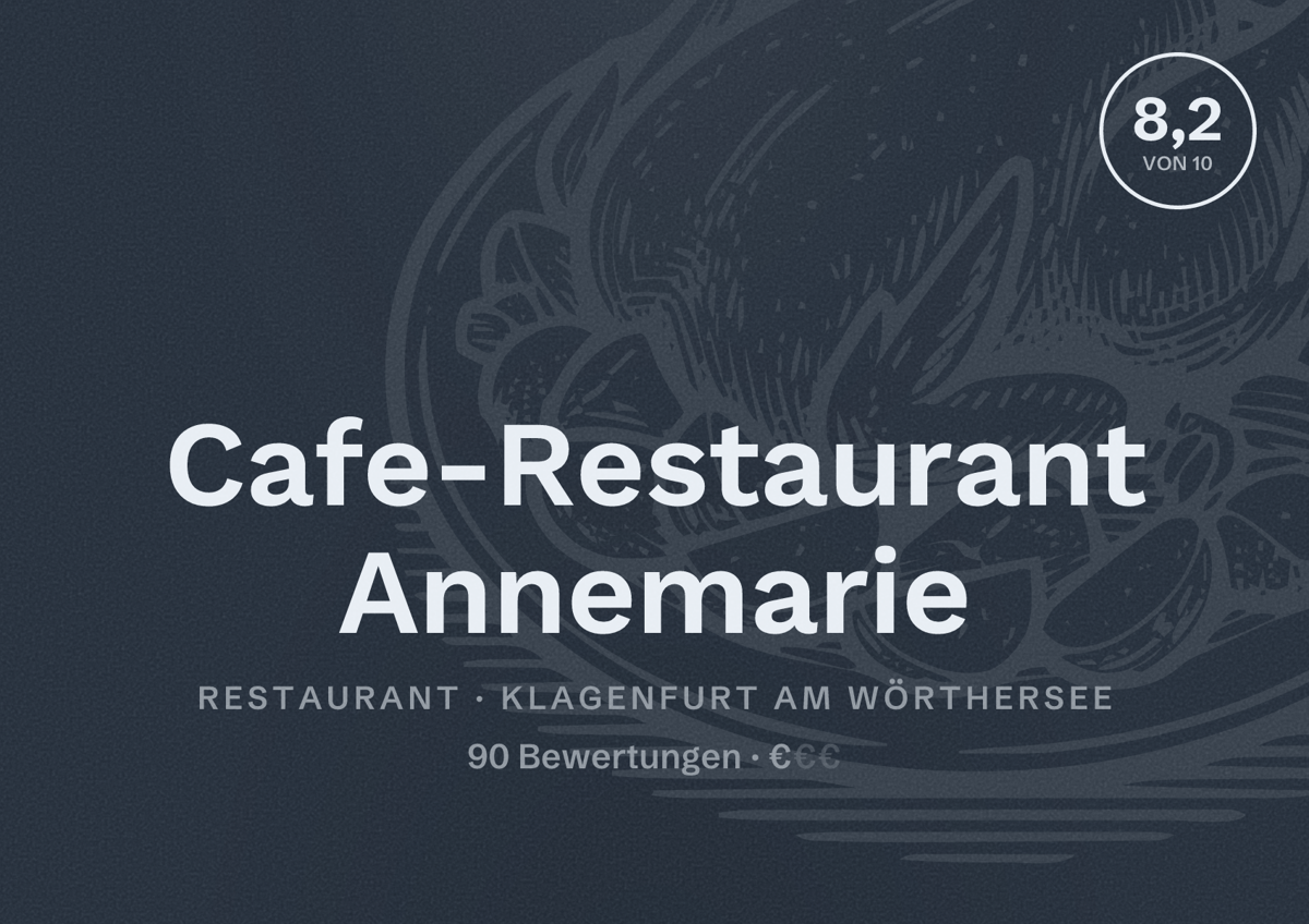 Illustriertes Poster von Cafe-Restaurant Annemarie, Restaurant in Klagenfurt am Wörthersee: Bewertung 8,2 von 10 aus 90 Bewertungen, Preisniveau €
