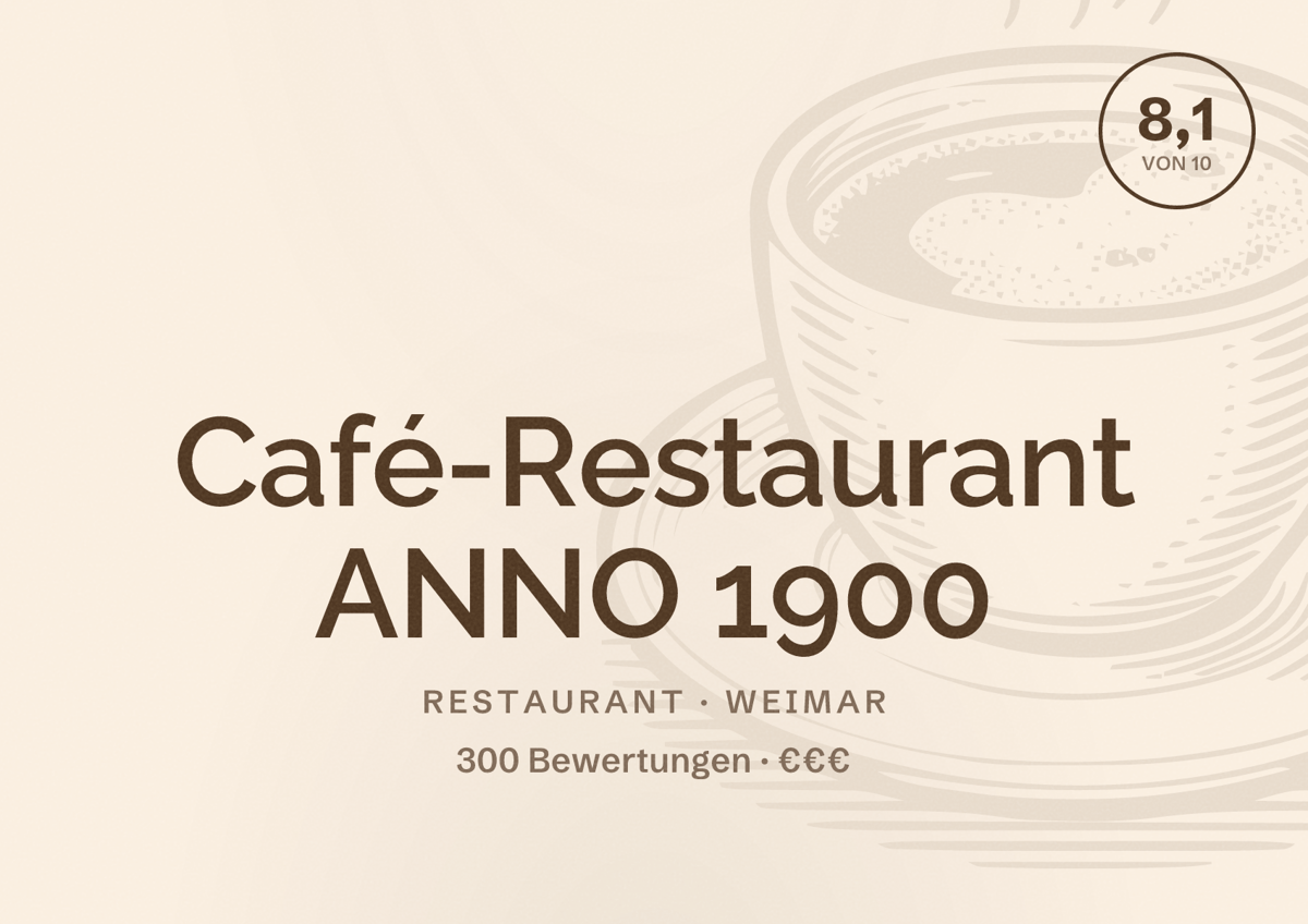 Illustriertes Poster von Café-Restaurant ANNO 1900, Restaurant in Weimar: Bewertung 8,1 von 10 aus 300 Bewertungen, Preisniveau €€€