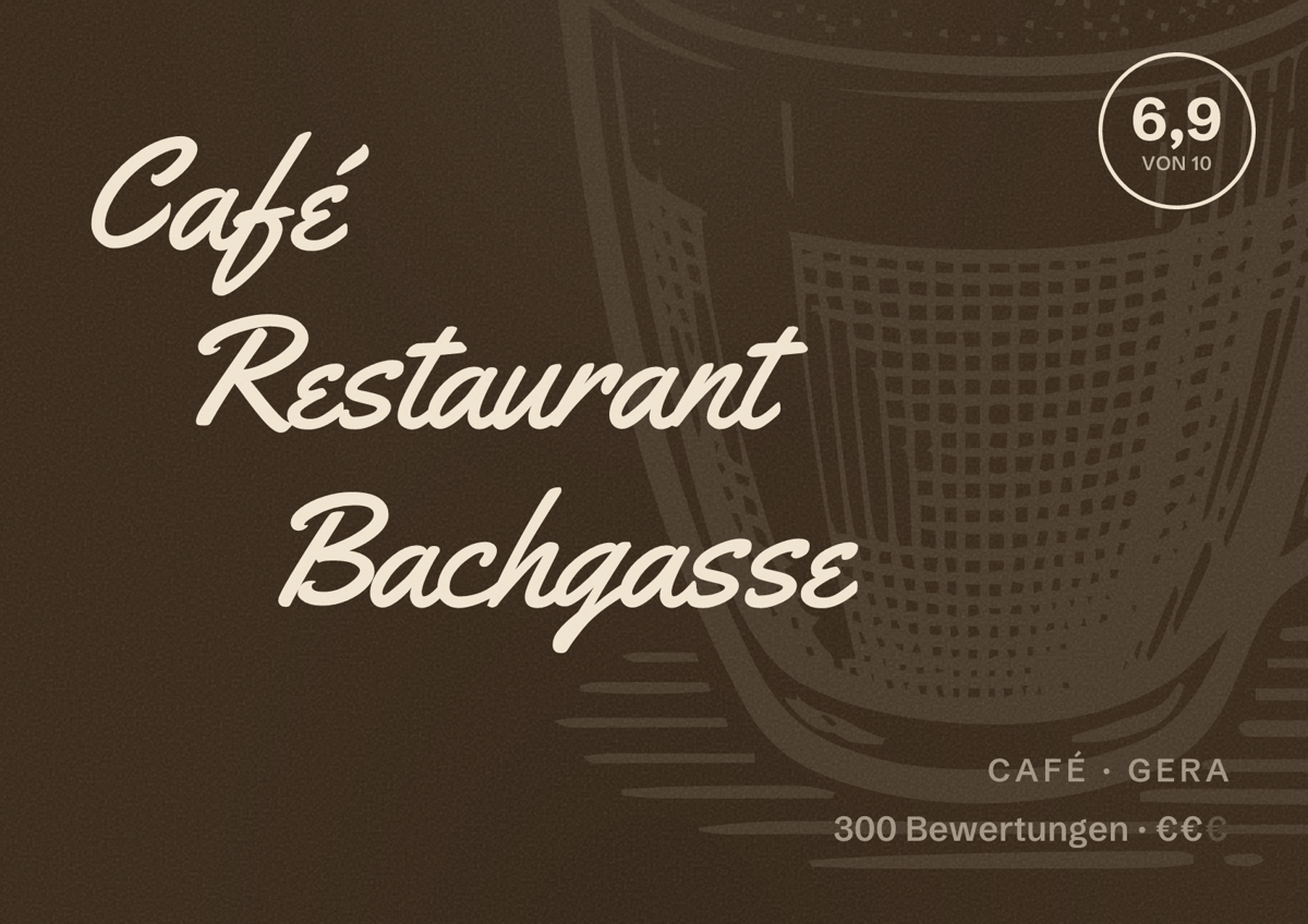 Illustriertes Poster von Café Restaurant Bachgasse, Café in Gera: Bewertung 6,9 von 10 aus 300 Bewertungen, Preisniveau €€