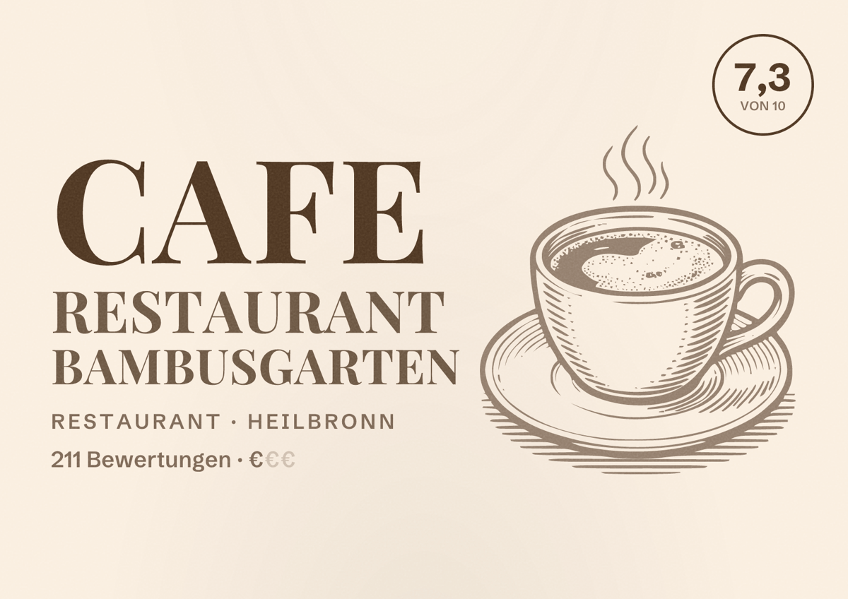 Illustriertes Poster von Cafe Restaurant Bambusgarten, Restaurant in Heilbronn: Bewertung 7,3 von 10 aus 211 Bewertungen, Preisniveau €