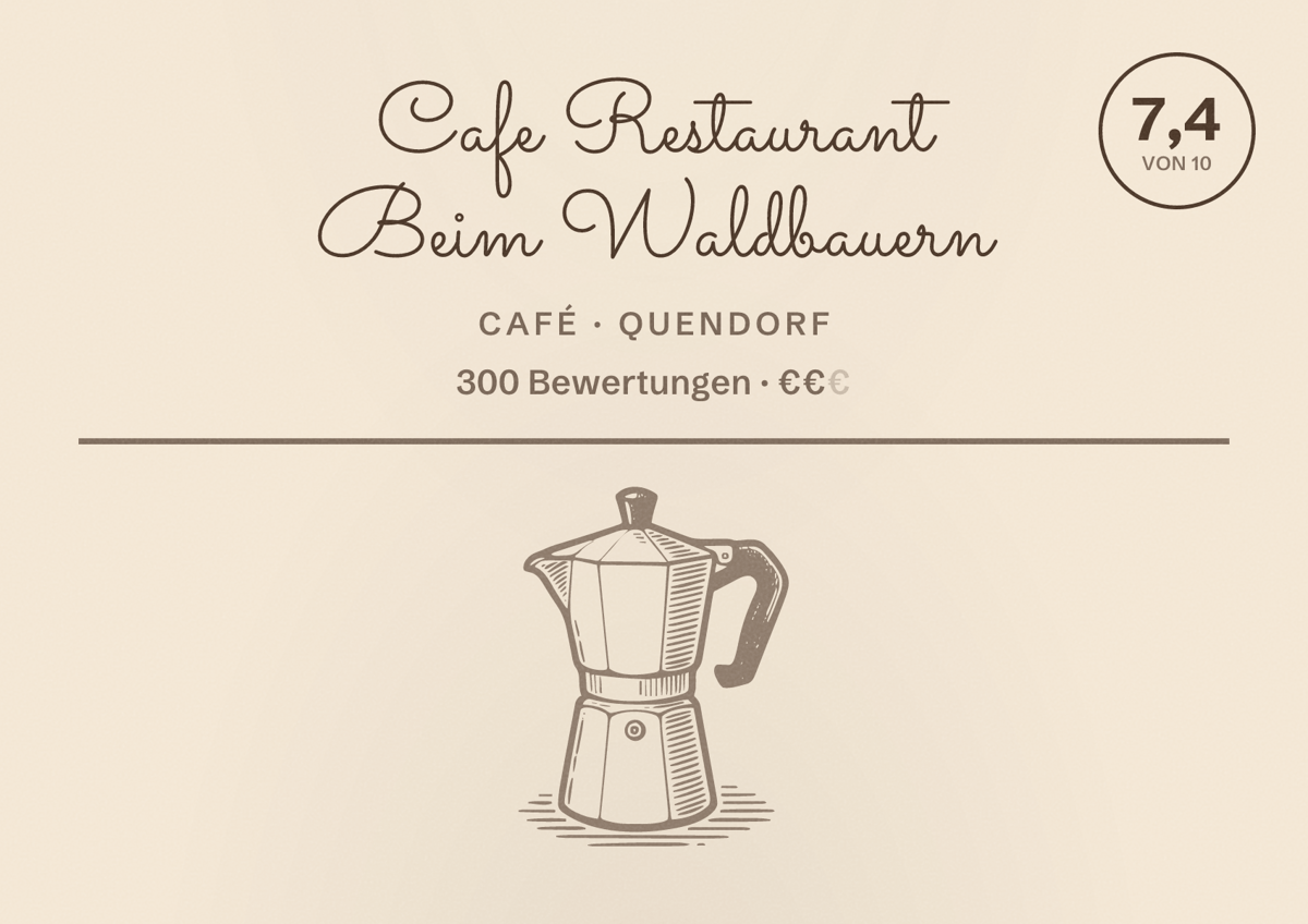 Illustriertes Poster von Cafe Restaurant Beim Waldbauern, Café in Quendorf: Bewertung 7,4 von 10 aus 300 Bewertungen, Preisniveau €€