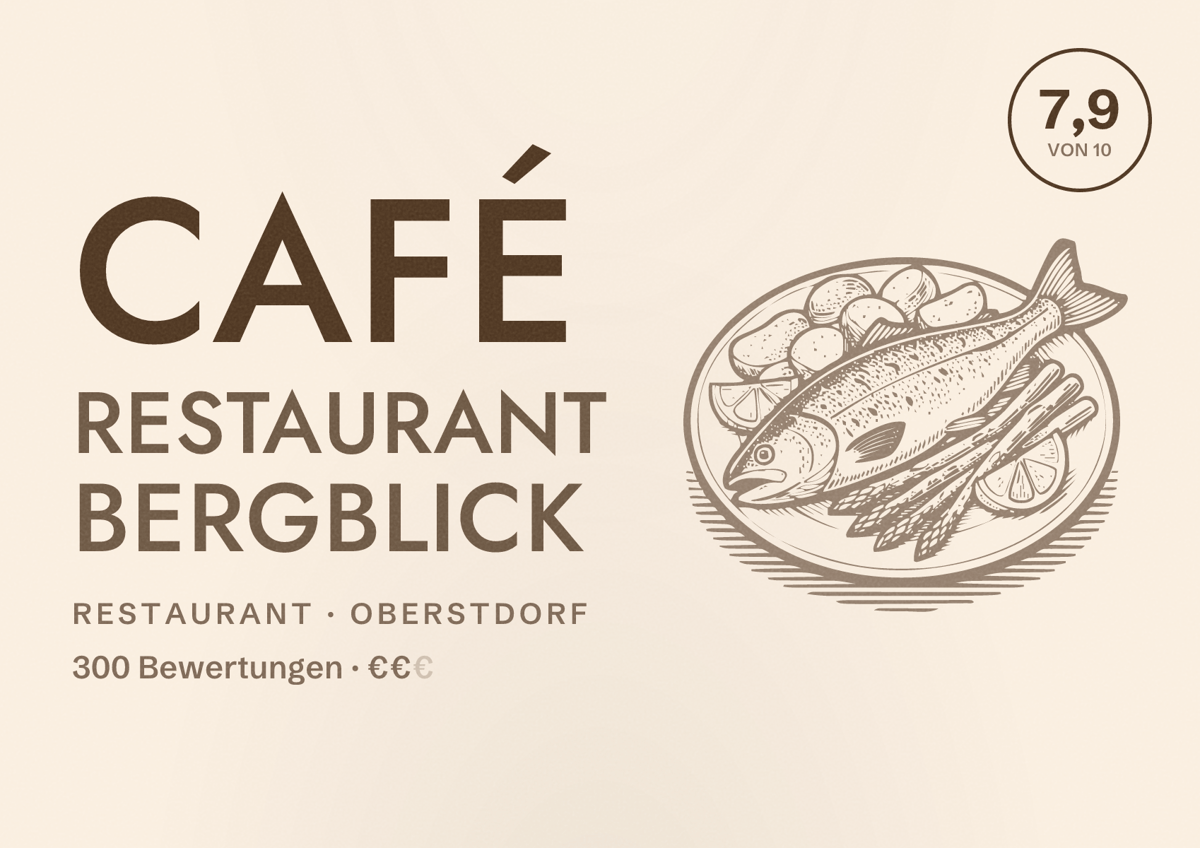Illustriertes Poster von Café Restaurant Bergblick, Restaurant in Oberstdorf: Bewertung 7,9 von 10 aus 300 Bewertungen, Preisniveau €€
