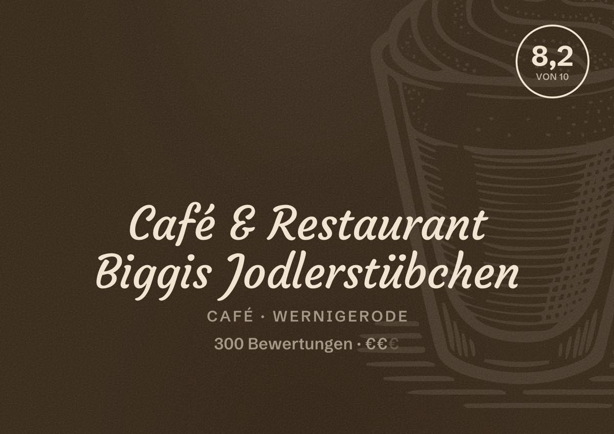 Illustriertes Poster von Café & Restaurant Biggis Jodlerstübchen, Café in Wernigerode: Bewertung 8,2 von 10 aus 300 Bewertungen, Preisniveau €€