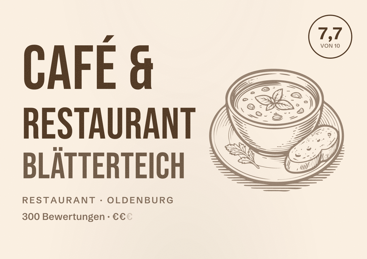 Illustriertes Poster von Café & Restaurant blätterteich, Restaurant in Oldenburg: Bewertung 7,7 von 10 aus 300 Bewertungen, Preisniveau €€