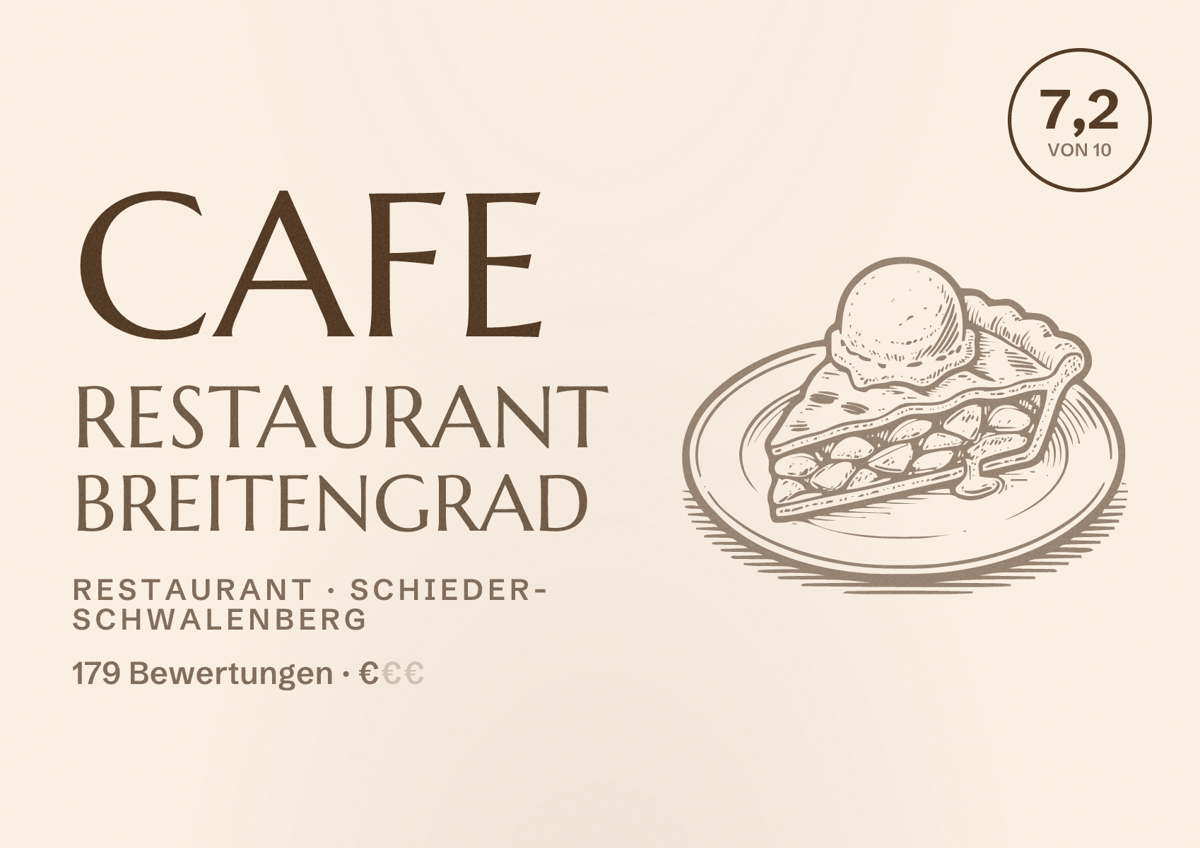 Illustriertes Poster von Cafe Restaurant Breitengrad, Restaurant in Schieder-Schwalenberg: Bewertung 7,2 von 10 aus 179 Bewertungen, Preisniveau €