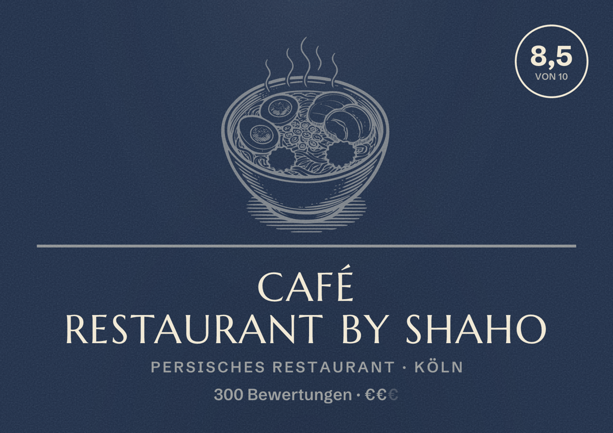 Illustriertes Poster von Café Restaurant by Shaho, Persisches Restaurant in Köln: Bewertung 8,5 von 10 aus 300 Bewertungen, Preisniveau €€