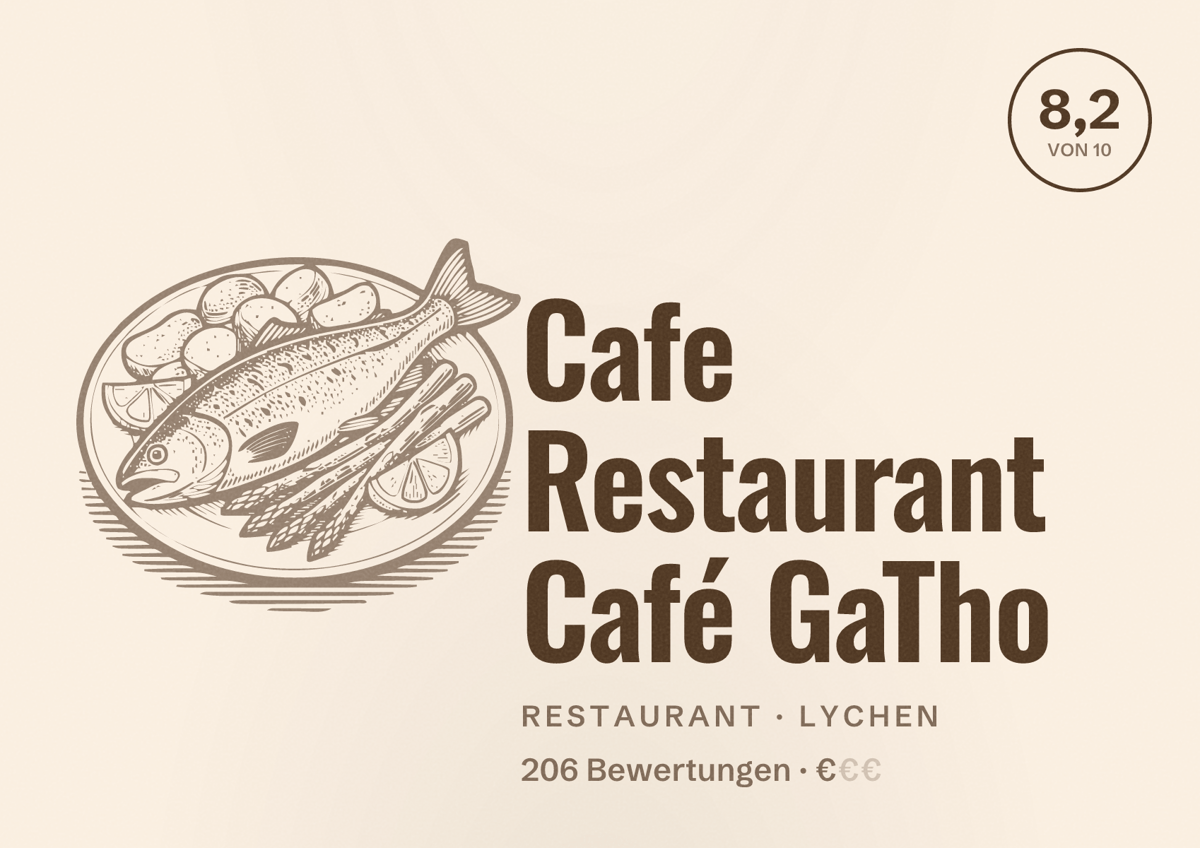 Illustriertes Poster von Cafe Restaurant Café GaTho, Restaurant in Lychen: Bewertung 8,2 von 10 aus 206 Bewertungen, Preisniveau €
