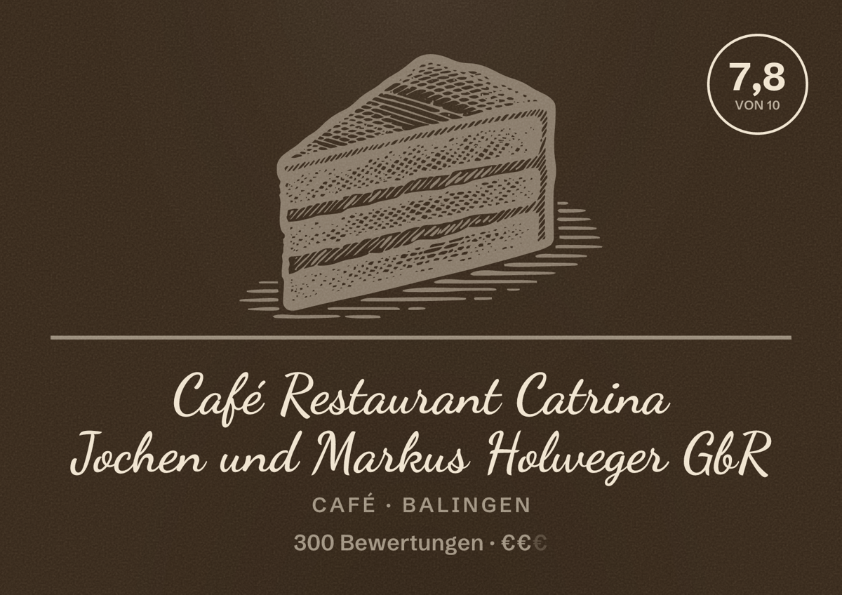 Illustriertes Poster von Café Restaurant Catrina Jochen und Markus Holweger GbR, Café in Balingen: Bewertung 7,8 von 10 aus 300 Bewertungen, Preisniveau €€